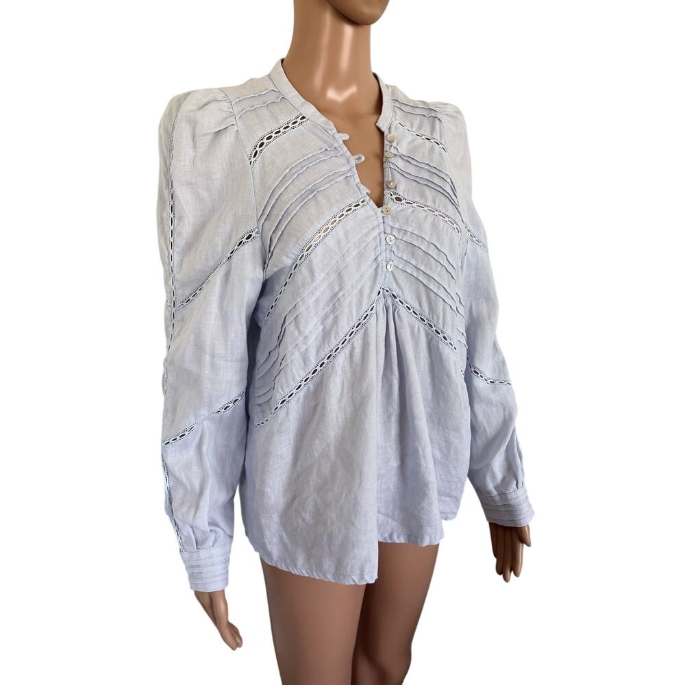 Scalpers Linen Blouse M Blue Pintuck Puff Sleeve Euro Summer Coastal Boho Top - Picture 3 of 10